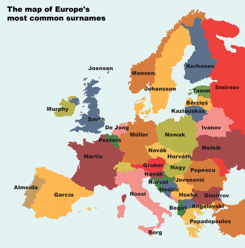 The most common surnames in Europe