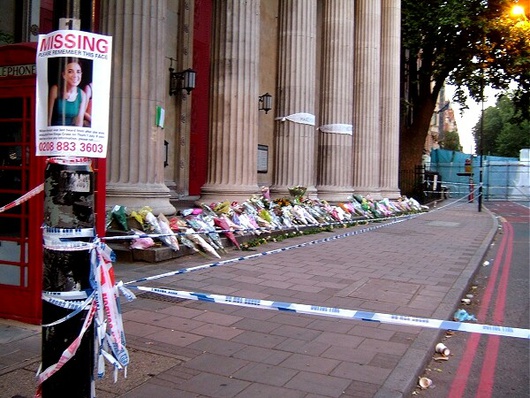 Floral tributes on Woburn Place, where bus "30" blew up in London after terrorist attacks (11th July 2005)