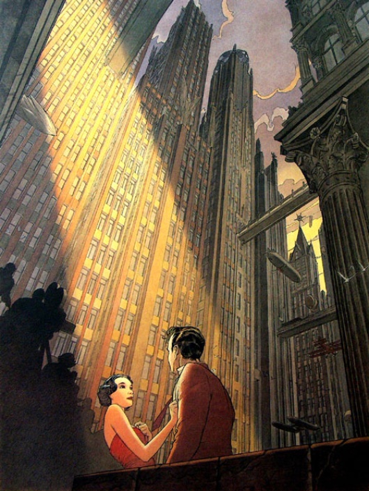 L'obscurité et les gratte-ciels sont des signes de la vision pessimiste du dessinateur